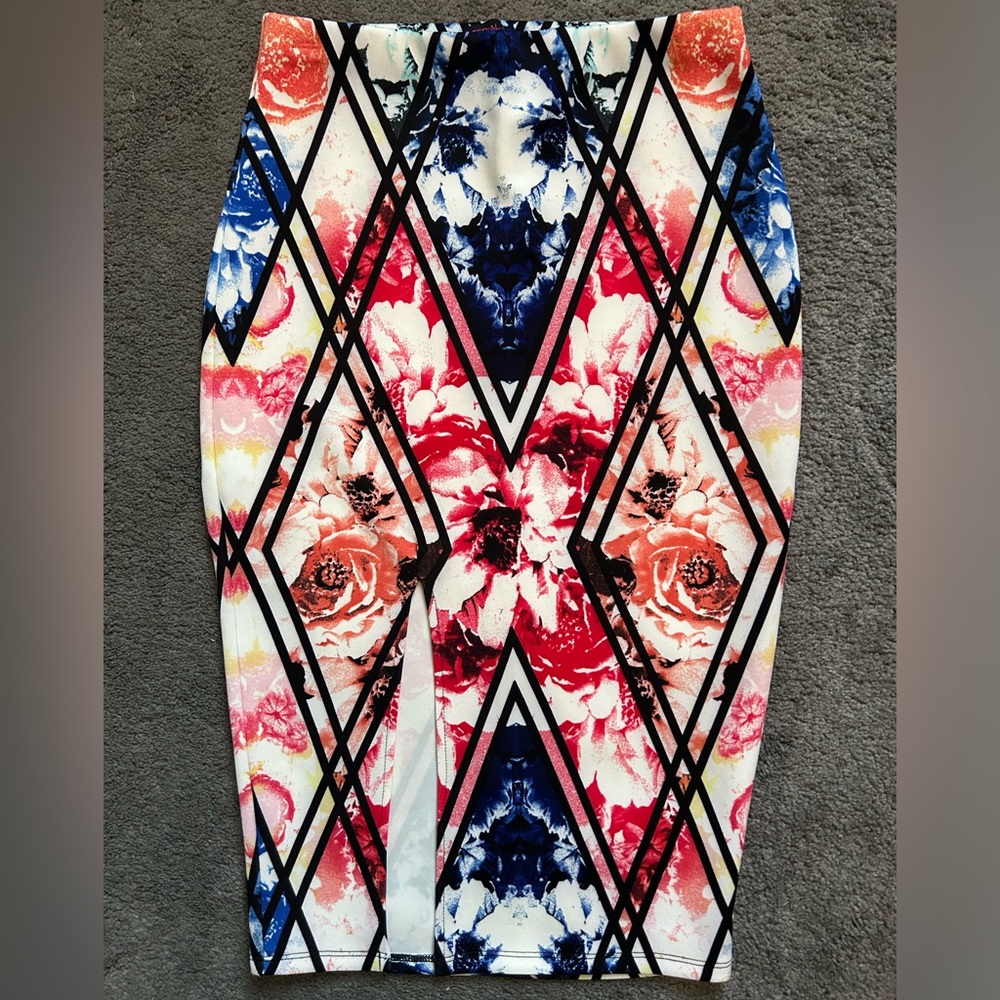 Material Girl Floral Blue, Red, and Black Patterned Pencil Skirt